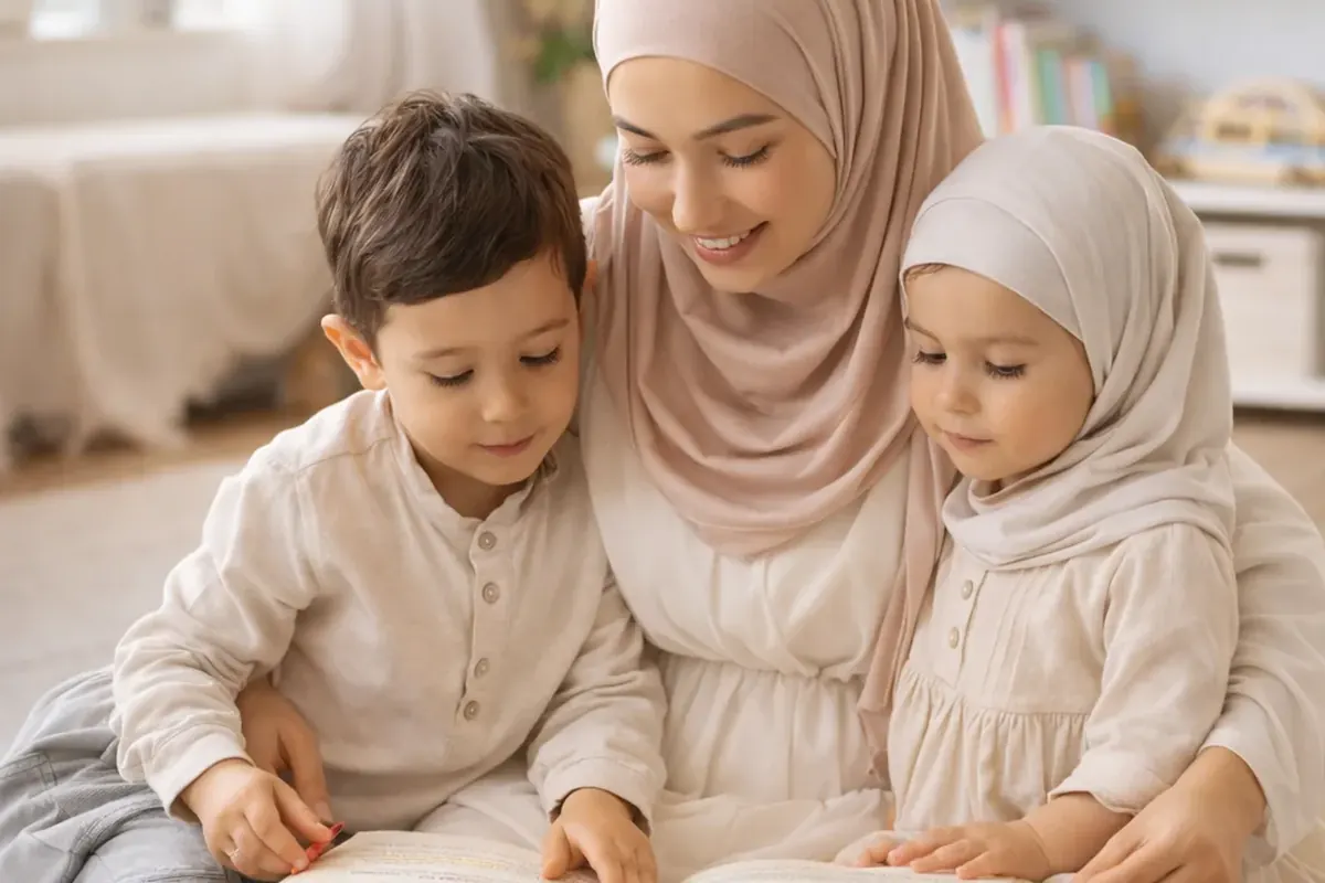 Une maman et deux enfants lisant ensemble dans un intérieur chaleureux