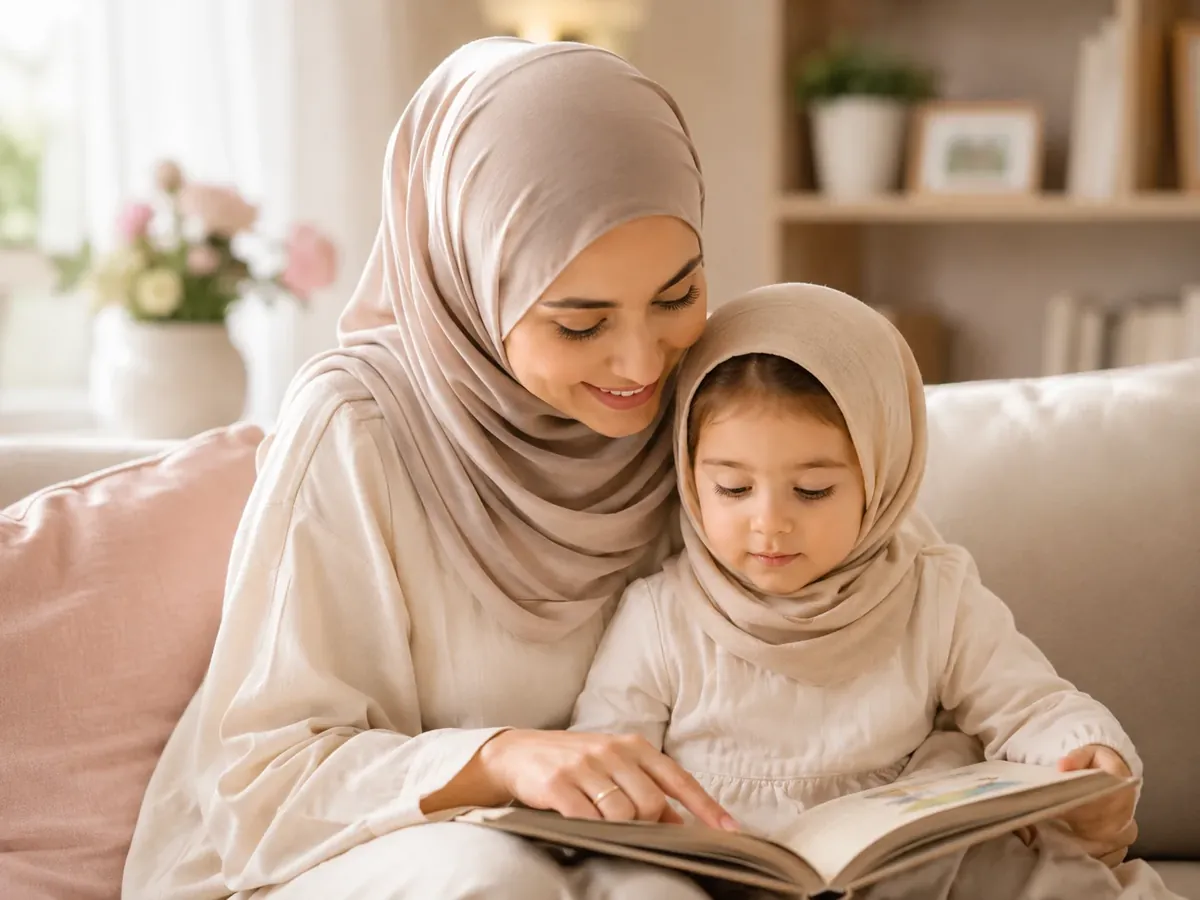 Une maman et son enfant partageant un moment de lecture complice à la maison