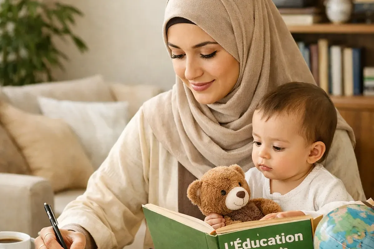 Maman travaillant autour de livres et d'outils pédagogiques avec son enfant